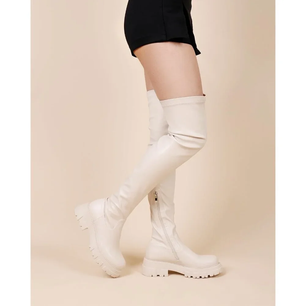 Women's Beige Leather High Thigh Over-the-Knee Stretch lug Sole Heel Boot